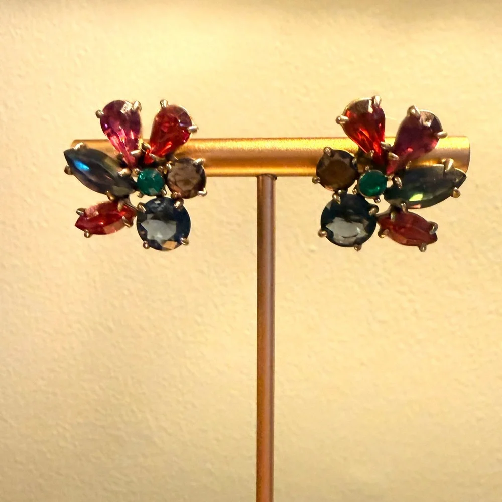 Vintage J. Crew Multicolor Gemstone Cluster Gold Stud Pierced Earrings
